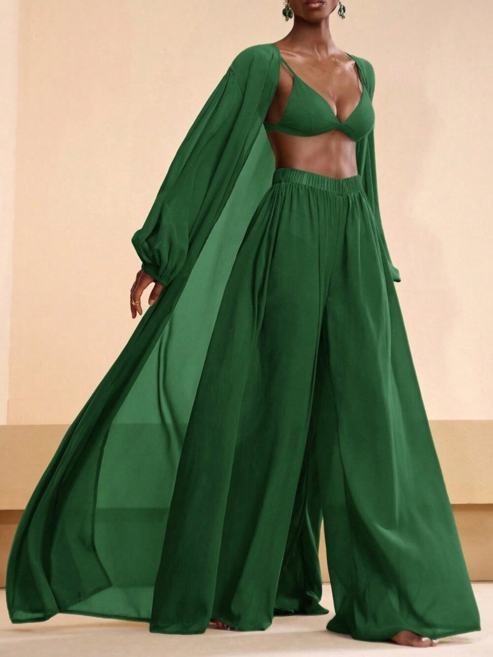 Green Women's Pleated Robe And Wide Leg Pants Set - Picture 6 of 7